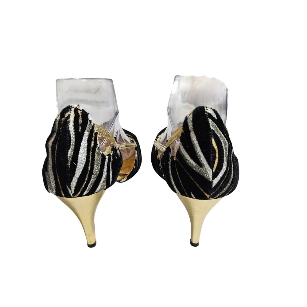 Midnight Velvet Bianca Zebra Animal Print Gold Metallic Peep Toe Heels 8.5M Glam